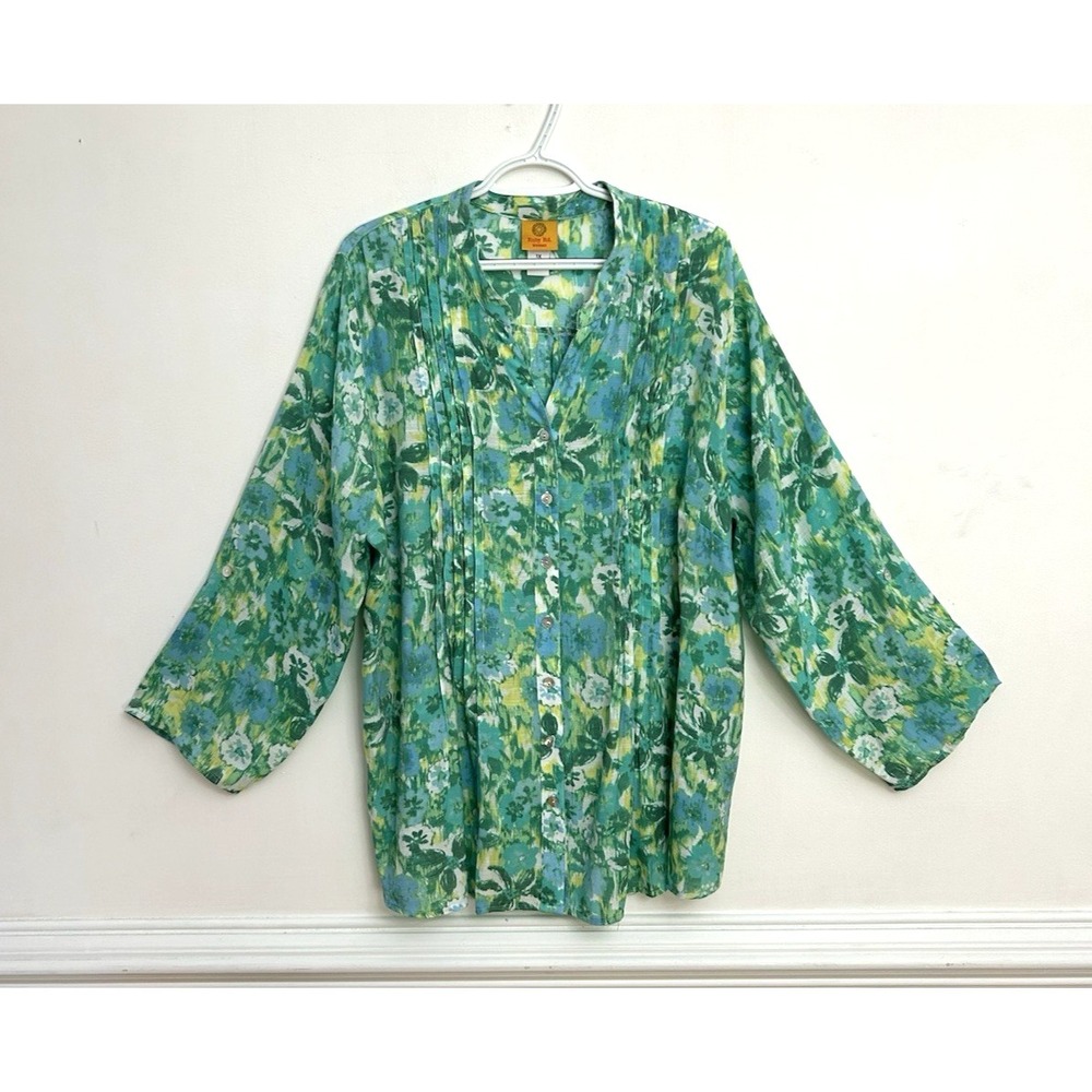 Ruby Rd Blouse Top Shirt Sz 1X Green Blue Watercolor Floral Roll Tab Sleeve